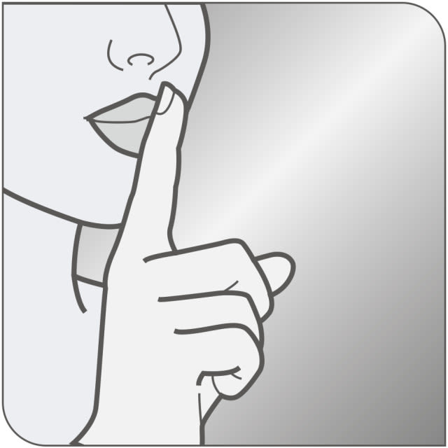 Gezichnete Frau hält sich den Zeigefinger vor den Mund um zu symbolisieren wie leise der Betrieb der Tefal Dampfbügelstation SV8061 ist.