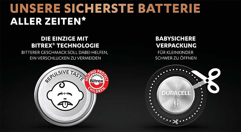 Auf schwarzem Grund: "Einzigartig mit Baby Secure Technologie" und "Babysichere Verpackung". Links ein Kindersymbol, rechts eine Batterie mit Schere.