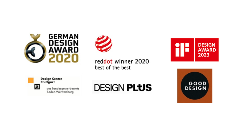 Auf weißem Grund sind Logos von Designpreisen wie German Design Award 2020, Red Dot Winner 2020 und iF Design Award 2023.