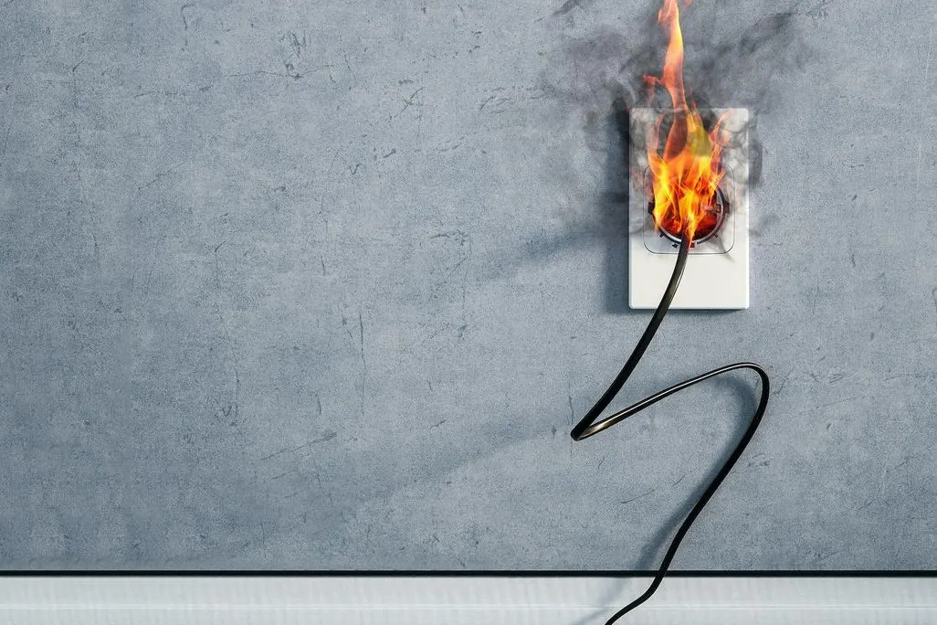 Eine Wandsteckdose mit eingestecktem Kabel brennt und raucht.