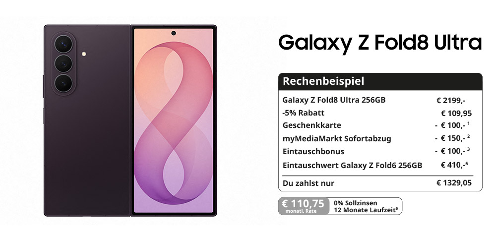 Galaxy Z Fold8 Ultra in Vilolett Shadow aufgeklappt; rechts Rechenbeispiel mit Preisvorteilen und 0 % Finanzierung.