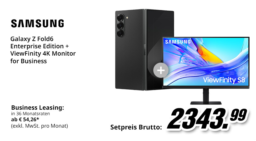Ein schwarzes Samsung Smartphone und ein ViewFinity S8 Monitor sind auf einem weißen Hintergrund zu sehen. Der Preis beträgt 2343,99.