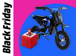 Eine Tonie-Box und ein Kindermotorrad vor farbigem Kreis in Pink und Blau. Links im Bild steht: Black Friday.