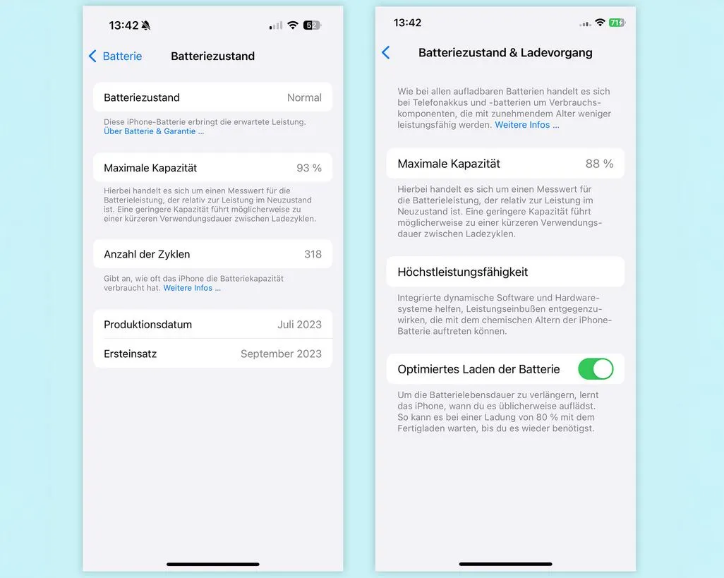 2 Screenshots zeigen die Einstellungen zu Batteriezustand und Akkukapazitaet eines iPhones.