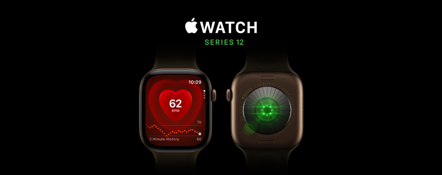Nahaufnahme der Apple Watch Series 12, Vorder- und Rückansicht mit roter Herzfrequenzmessung am Display und grünem Licht am Sensor, auf schwarzem Grund.