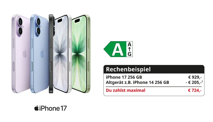 Rechenbeispiel zum iPhone 17: Mehrere iPhone-17-Modelle in verschiedenen Farben, Energieeffizienzlabel A und ein Rechenbeispiel für Eintausch eines iPhone 14 (256 GB) – statt 929 € zahlst du maximal 724 €.