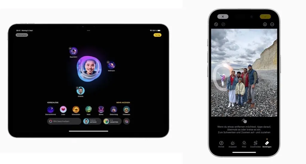 Tablet Screenshot einer Apple Intelligence Anwendung + iPhone Screenshot einer Fotobearbeitung mit Apple Intelligence