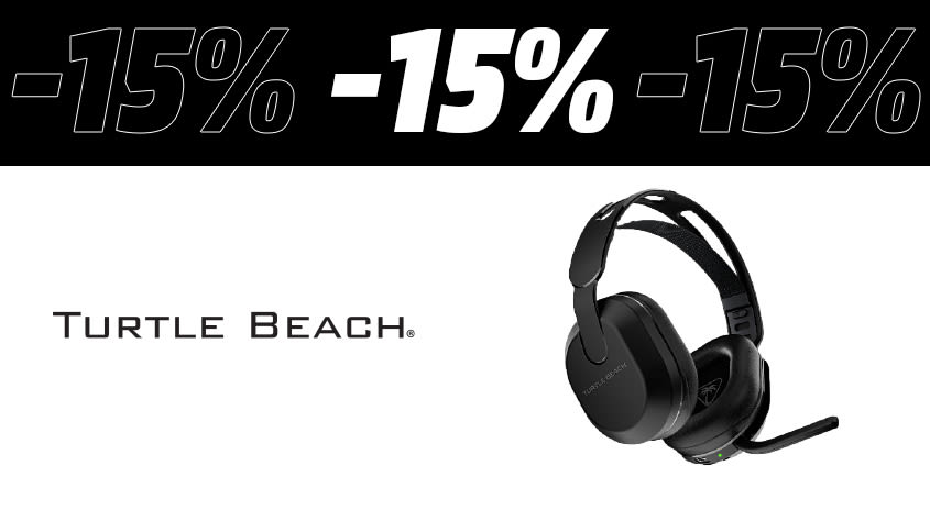 Weiß-schwarzes Bild. Oben im schwarzen Bereich steht der Text 15%, darunter das Produktbild eines Gaming Kopfhörers und links daneben das Turtle Beach Logo