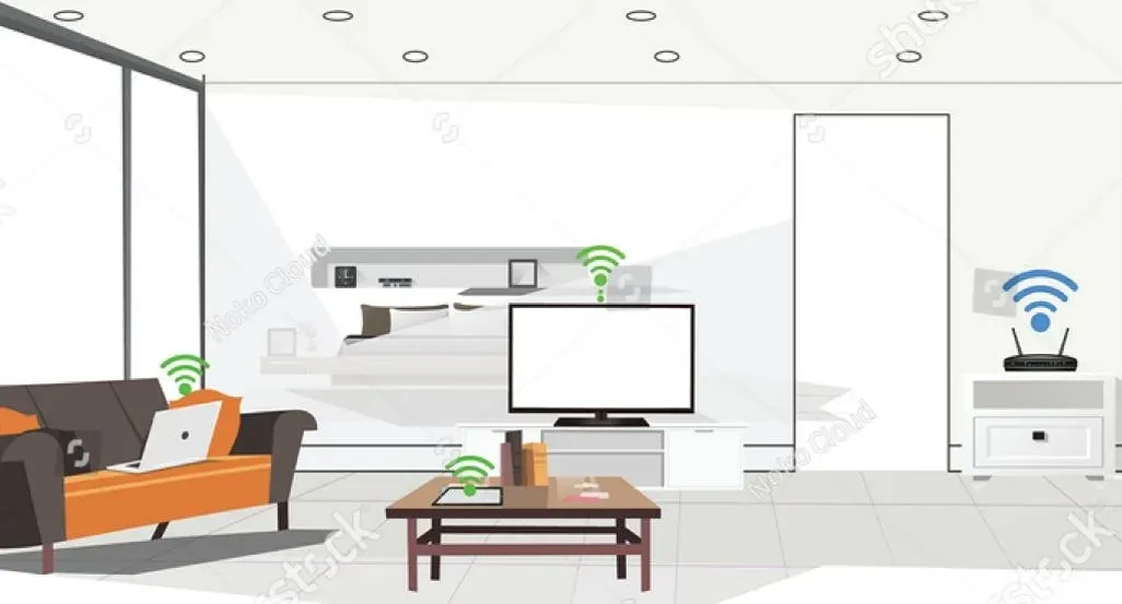  Illustration eines modernen Wohnzimmers: WLAN‑Router sendet Signale an Laptop auf dem Sofa, Tablet auf dem Couchtisch und Fernseher im Hintergrund.