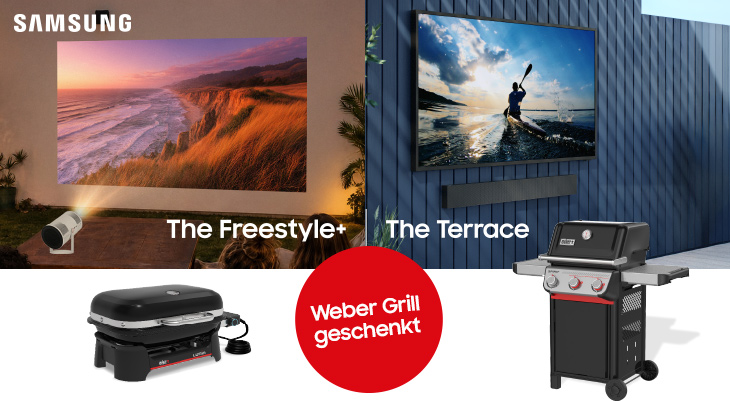 Samsung Outdoor-TVs The Freestyle+ und The Terrace mit Weber Grill Geschenk-Aktion