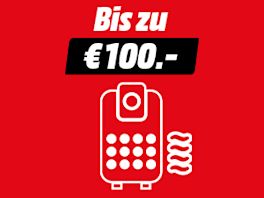 Grafik mit rotem Hintergrund: Oben steht in Weiß „Bis zu €100.-“, darunter ein weißes Icon eines Luftreinigers