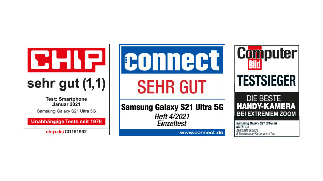 Drei Auszeichnungen für Samsung Galaxy S21 Ultra 5G: "Chip" - sehr gut (1,1), "Connect" - sehr gut, "Computer Bild" - Testsieger.