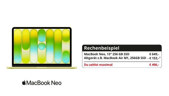 Bild eines Apple MacBook Neo. Rechts daneben ein Rechenbeispiel für eine Altgeräte-Annahme: MacBook Neo, 13 Zoll, 256 GB SSD für 649 Euro, Anrechnung eines Altgeräts, z.B. MacBook Air M1, 256 GB SSD für 153 Euro. Hervorgehobene Textzeile: ‚Du zahlst maximal 496 Euro.‘