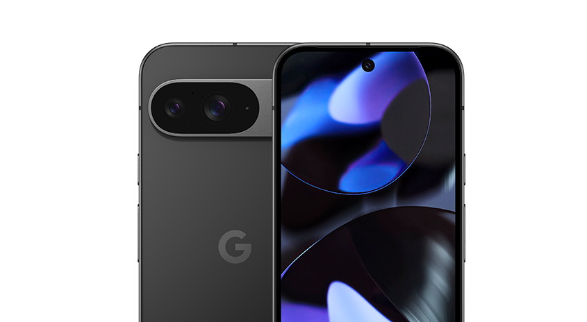 Zwei graue Google-Handys, eines mit horizontaler Kamera und G-Logo, das andere mit blau-violettem Bildschirm.