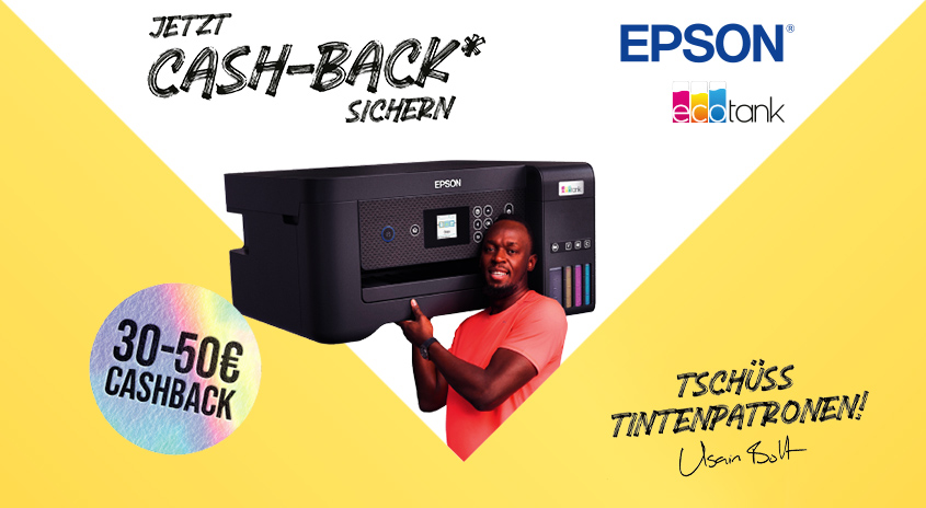 Gelber Hintergrund mit schwarzem Epson Drucker, Text "Cash-Back Sichern" und "Tschüss Tintenpatronen!". Logo von Epson ist sichtbar.
