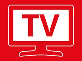 Bild mit rotem Hintergrund, darauf ein Piktogramm in weiß von einem TV-Gerät