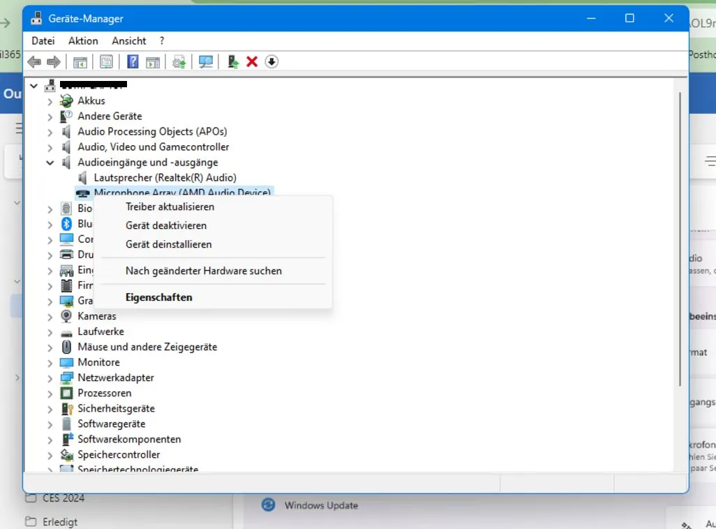 Windows-Geraete-Manager mit geöffnetem Kontextmenü für Audioeingänge.