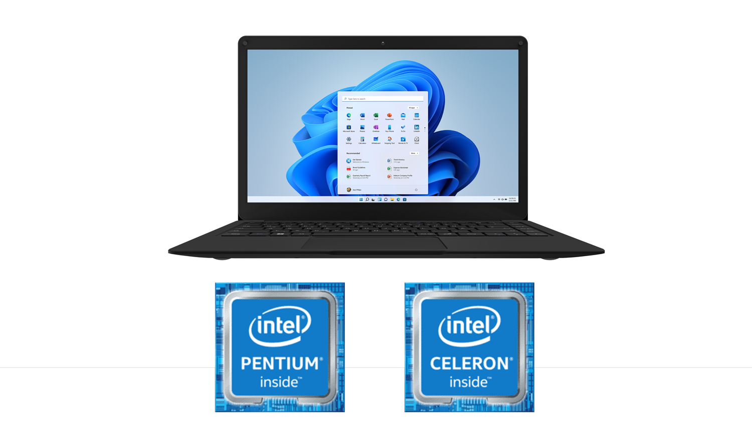 Notebook Frontansicht, Intel Logos, Celeron & Pentium