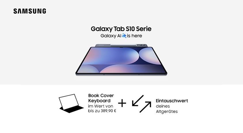 Werbung für Samsung Galaxy Tab S10. Das Tablet hat ein blaues Display mit weißen Kreisen. Ein Eingabestift liegt obenauf.