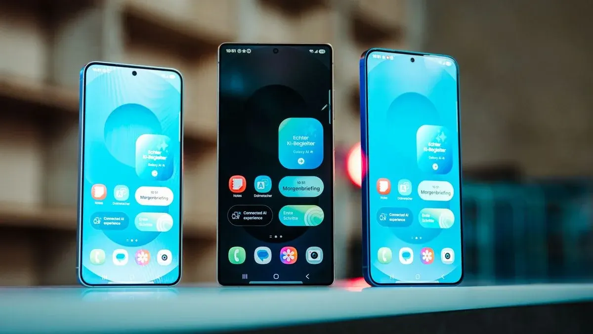 3 Modelle des Samsung Galaxy S25 mit eingeschaltetem Display.