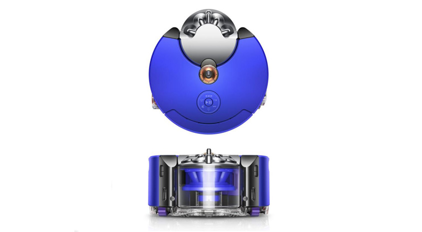 Ein blauer Staubsaugerroboter mit silbernen Akzenten steht auf weißem Hintergrund. Oben ist das Hauptgerät, darunter die Basis.