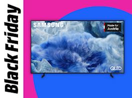 TV-Gerät vor farbigem Kreis in Pink und Blau. Links im Bild steht: Black Friday.