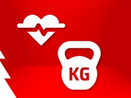 Weißes Piktogramm einer Hantel vor weihnachtlich-rotem Hintergrund.