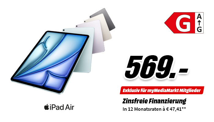 Apple iPad Air in mehreren Farben, Preis 569 €, exklusiv für myMediaMarkt, zinsfrei in 12 Raten à 47,41 €