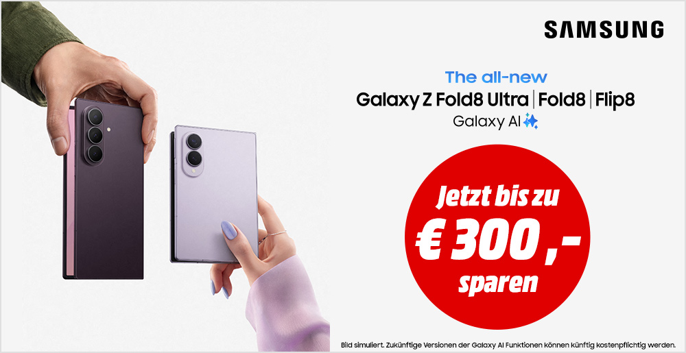 Zwei Hände halten Samsung Galaxy Z Smartphones - ein dunkles und ein helles Modell. Werbung für die neuen Galaxy Z Fold8 Ultra, Fold8 und Flip8 mit Galaxy AI. Roter Aktionskreis zeigt 'Jetzt bis zu 250 Euro sparen