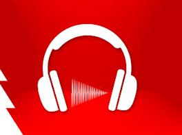 Weißes Piktogramm eines Kopfhörers vor weihnachtlich-rotem Hintergrund.