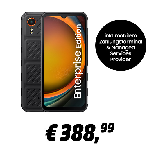 Schwarzes Smartphone mit orangefarbenem Display und "Enterprise Edition"-Text. Schwarzer Kreis mit weißem Text. Preis: 388,99 €.