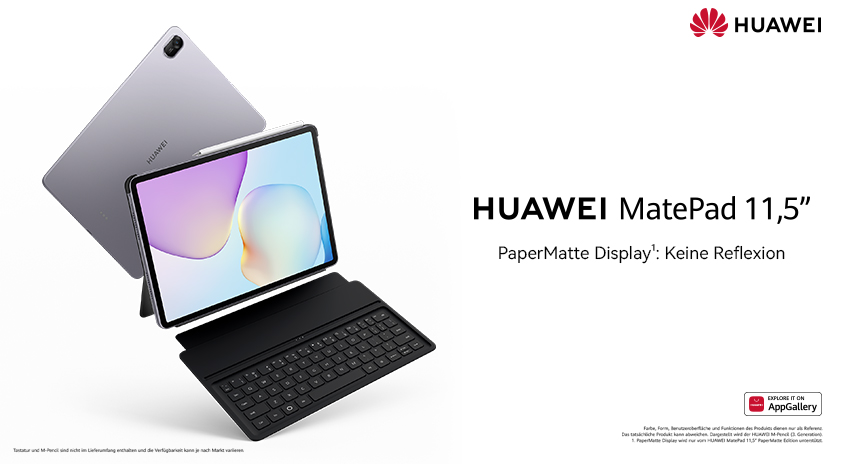  Werbemotiv für das HUAWEI MatePad 11,5" mit Tastatur, schwebend vor weißem Hintergrund; Text: „PaperMatte Display: Keine Reflexion“, AppGallery-Logo unten.