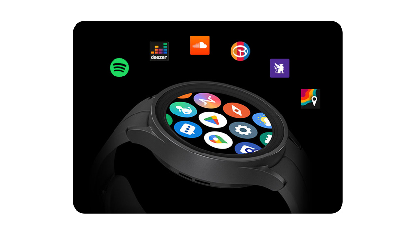 Eine schwarze Smartwatch mit bunten App-Symbolen auf dem Display vor schwarzem Hintergrund.