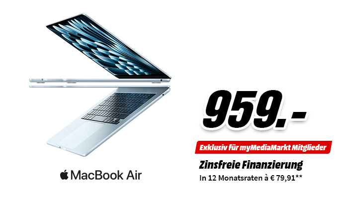 Apple MacBook Air aufgeklappt, Preis 959 €, exklusiv für myMediaMarkt, zinsfrei in 12 Raten à 79,91 €