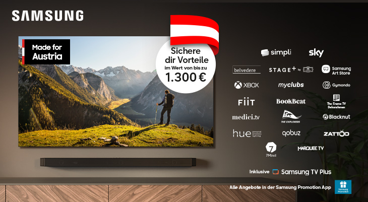 Samsung TV Aktion „Made for Austria“: Smart-TV mit Soundbar und Hinweis auf Zusatzvorteile im Wert von bis zu 1.300 € bei diversen Streaming- und Service-Partnern.