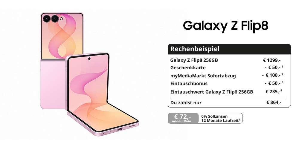Galaxy Z Flip8 in Pink, offen und halb zugeklappt; rechts Rechenbeispiel mit Preisvorteilen und 0 % Finanzierung.