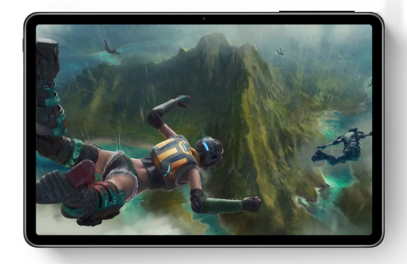 Auf einem Tablet ist ein Spiel zu sehen: Fallende Figuren vor einer Bergkulisse.