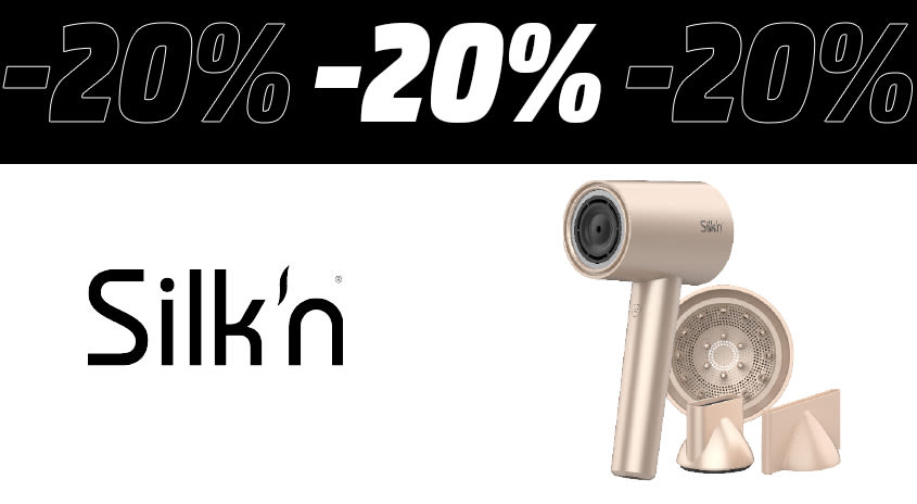 Bild mit schwarz-weißem Hintergrund. Im oberen Teil des Bildes steht -20%. Darunter ist ein Fön mit verschiedenen Aufsätzen und platziert. Links daneben befindet sich das Logo von Silk'n