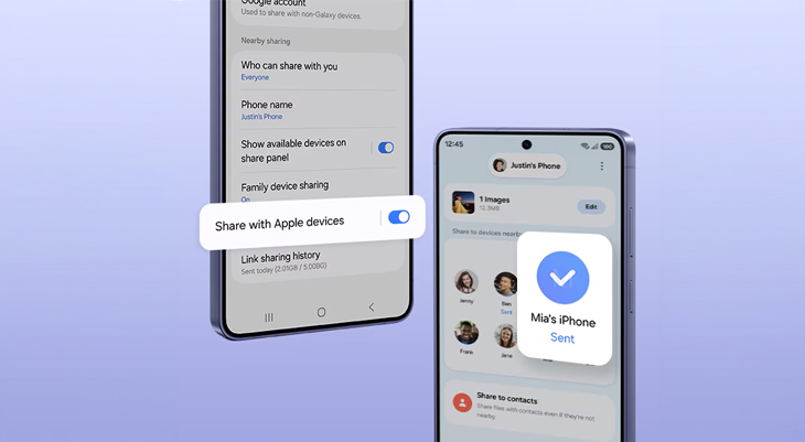 Dateiübertragung von einem Samsung Galaxy Smartphone an ein iPhone via Quick Share.