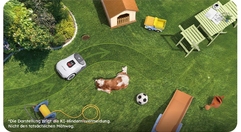Mähroboter umfährt dank KI-Hindernisvermeidung sicher Hund, Spielzeug und Gartenmöbel auf dem Rasen – zeigt den intelligent geplanten Mähweg.