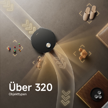 Roboterstaubsauger aus Vogelperspektive umgeben von verschiedenen Objekten und Bodentypen. Leuchtende Wege zeigen Reinigungserkennung für über 320 Objekttypen.
