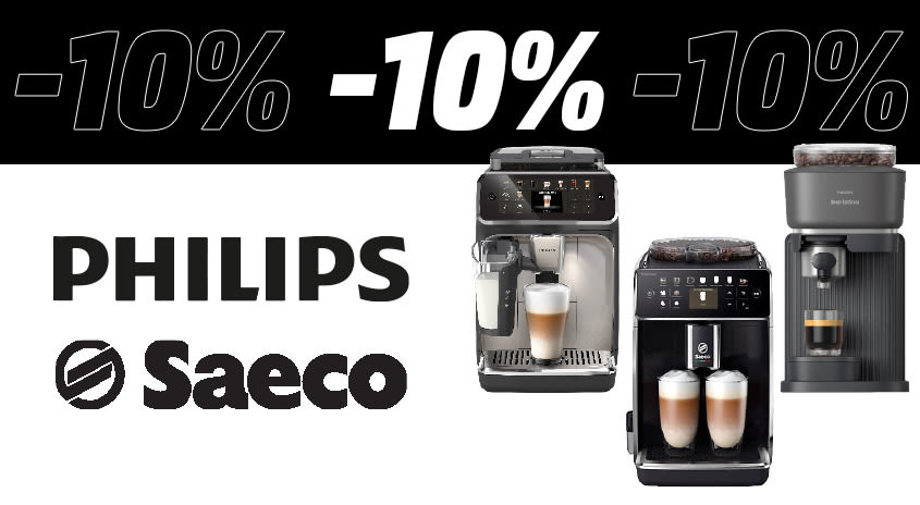 Bild mit schwarz-weißem Hintergrund. Oben im Bild steht mehrmals "-10%" darunter das Philips und das Saeco Logo, daneben sind 3 Kaffeevollautomaten abgebildet