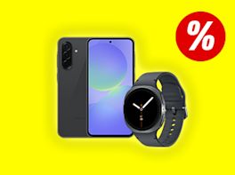 Smartphone & Smartwatch vor gelben Hintergrund. Rechts oben im Bild ist ein großes Prozentzeichen zu sehen.