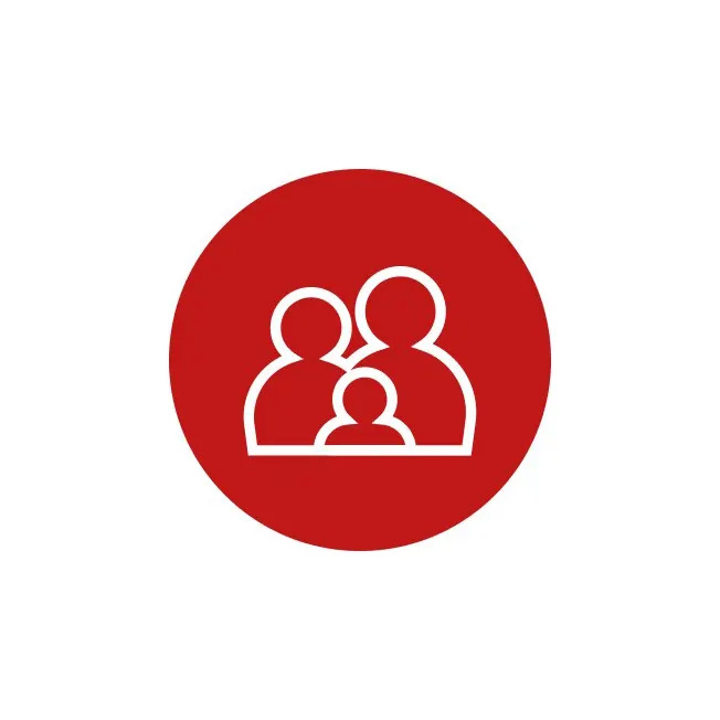 Roter Kreis mit weißem Familiensymbol in der Mitte auf weißem Hintergrund.
