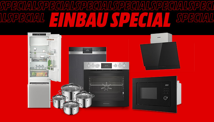 Eine Abbildung verschiedenster Einbau Küchengeräte mit dem Titel "Einbau Special"