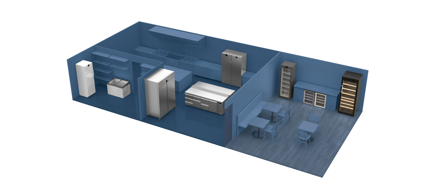 3D-Ansicht eines Restaurant-Modells in dem verschiedene Kühlgeräte von Liebherr platziert sind.
