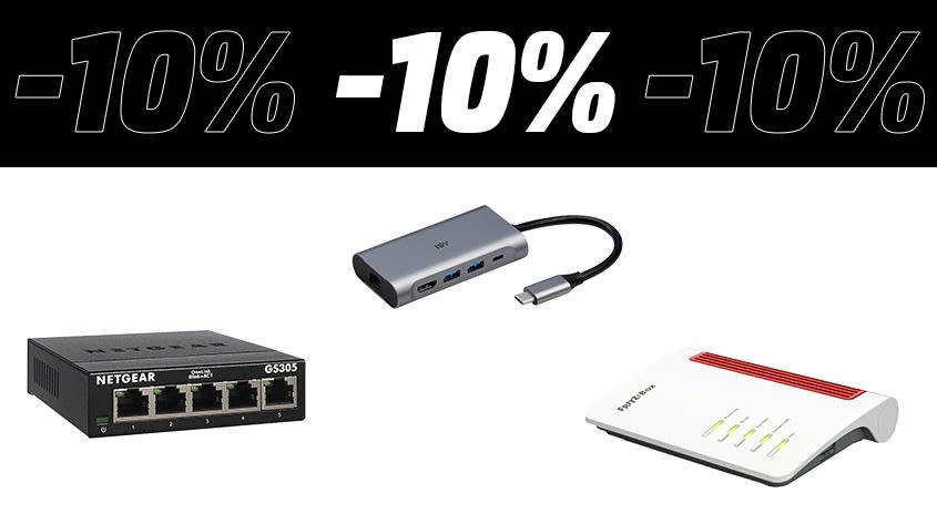 Banner mit -10 % Rabatt und Netzwerkzubehör: Netgear-Netzwerk-Switch mit fünf Ports, grauer USB-C-Multiport-Adapter und weißer AVM-FRITZ!Box.