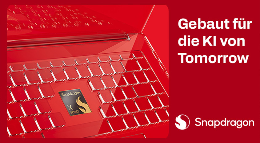 Snapdragon Logo mit Text: Gebaut für die KI von Tomorrow. Abbildung einer Tastatur. 