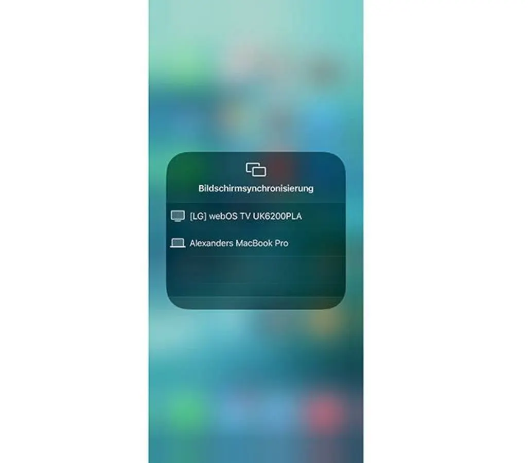 Screenshot zeigt Auswahlmenü für die Bildschirmspiegelung auf einem iPhone.