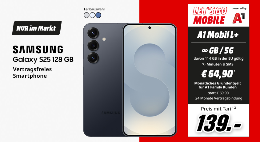 Samsung Galaxy S25, 128 GB, verschiedene Farben, vertragsfrei im Markt, mit Let's Go Mobile powered by A1 MOBIL L+ Tarif um  € 139,-